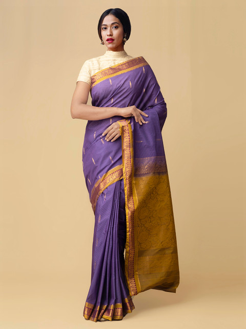 

Unnati Silks Violet & Gold-Toned Silk Cotton Woven Design Saree