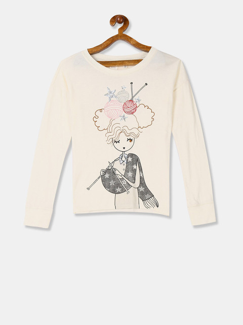 

GAP Girls Cream-Coloured Printed Round Neck T-shirt