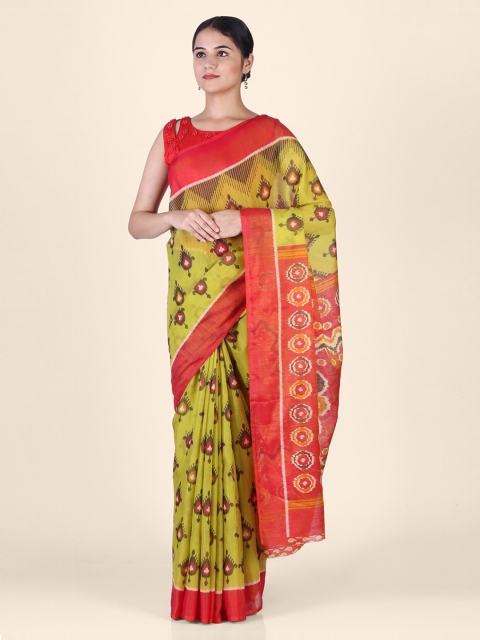 

CLAI WORLD Green & Red Silk Blend Printed Ikat Saree