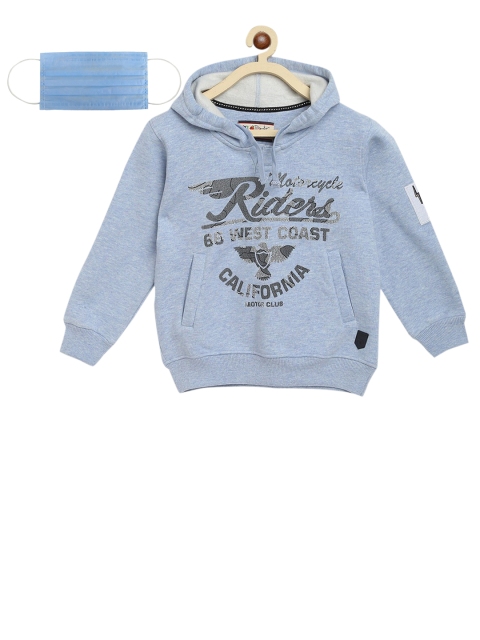 

Lil Tomatoes Boys Blue Printed Hooded Sweatshirt with 3-Ply Mask