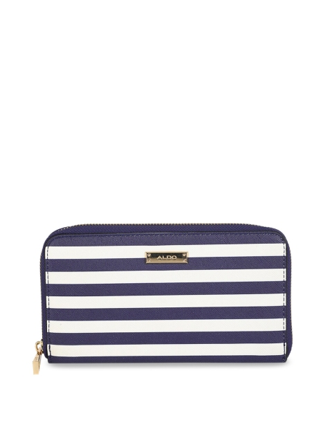 

ALDO Women Navy Blue & White Striped Zip Around Wallet