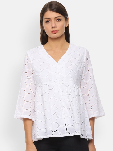 

Van Heusen Woman White Self Design Cinched Waist Top