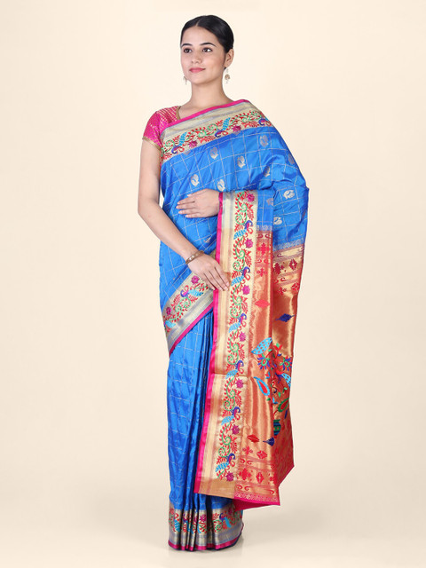

Hastakala Blue & Pink Silk Blend Embroidered Paithani Saree