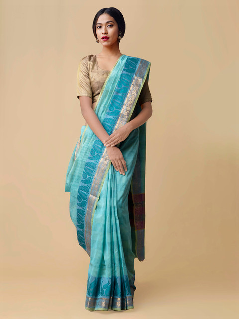 

Unnati Silks Turquoise Blue Silk Cotton Woven Design Kanjeevaram Saree
