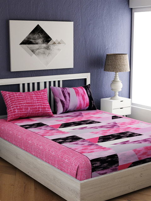 

EverHOME Pink Geometric 144 TC Cotton 1 King Bedsheet with 2 Pillow Covers