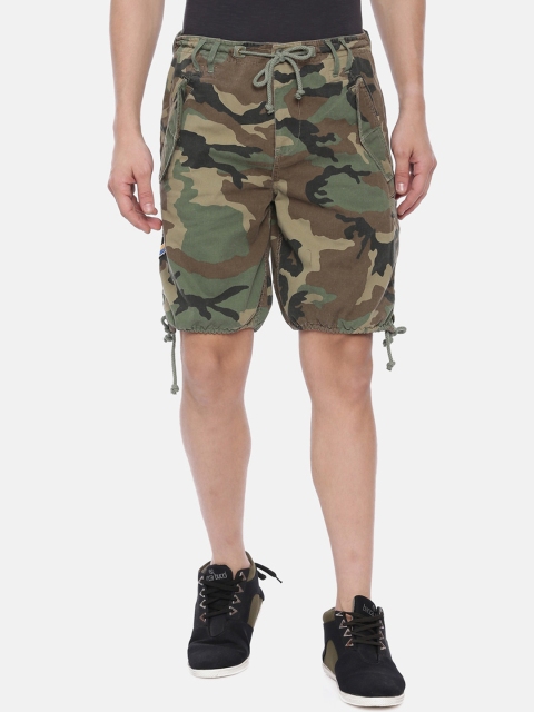 

Breakbounce Men Olive Green And Brown Camouflage Printed Slim Fit Cargo Shorts