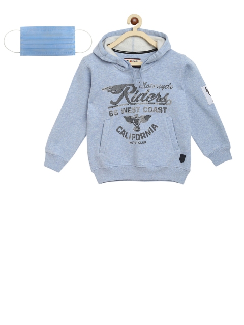 

Lil Tomatoes Boys Blue Printed Hooded Sweatshirt with 3-Ply Mask