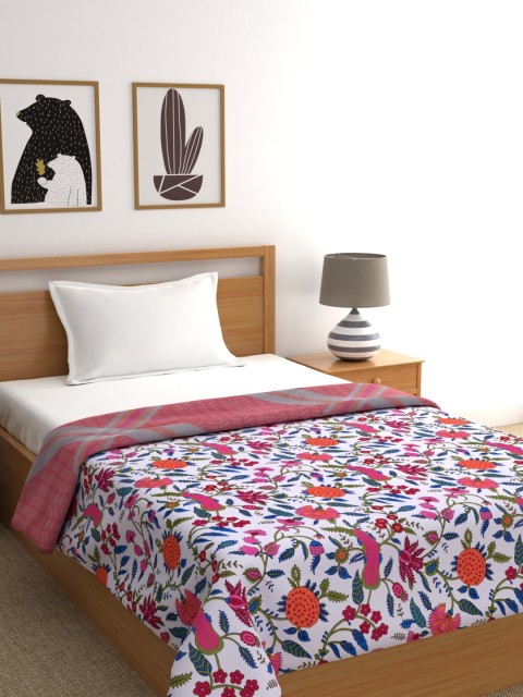 

URBAN SPACE White & Pink Floral AC Room 350 GSM Single Bed Dohar