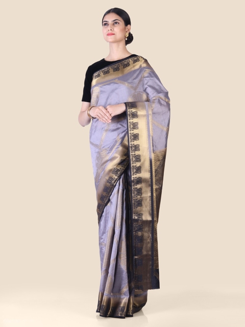 

CLAI WORLD Grey & Gold-Toned Silk Blend Woven Design Mysore Silk Saree