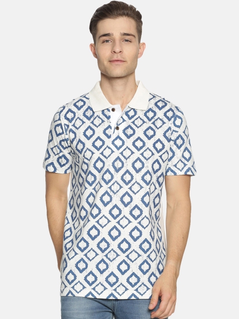 

Kryptic Men White & Blue Printed Polo Collar T-shirt
