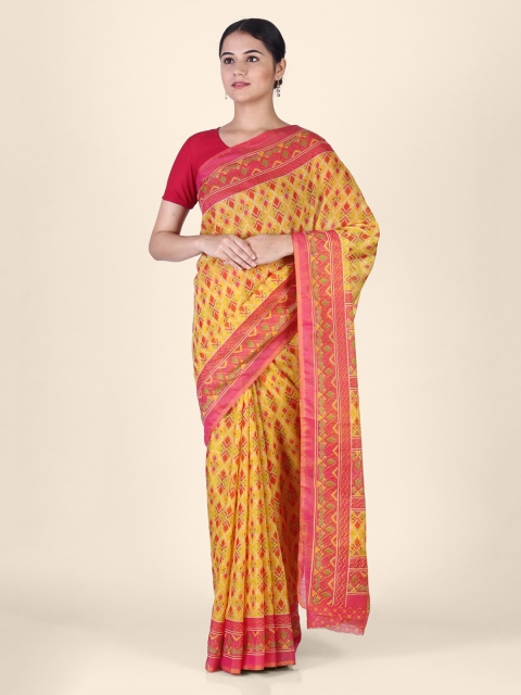 

CLAI WORLD Yellow & Red Silk Blend Printed Ikat Saree