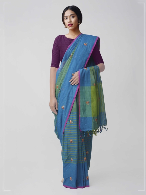 

Unnati Silks Blue & Green Pure Cotton Embroidered Handloom Mangalagiri Saree