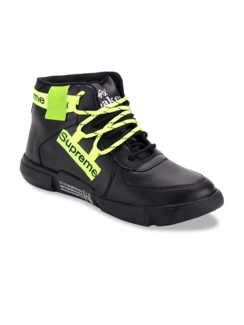 

Woakers Men Black & Fluorescent Green Printed Mesh Mid-Top Sneakers