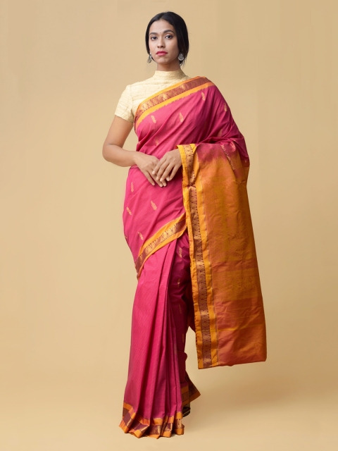 

Unnati Silks Pink Silk Cotton Handloom Woven Design Gadwal Saree