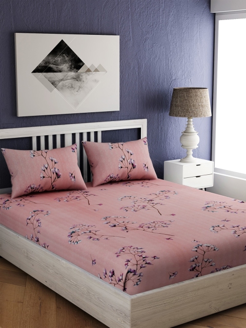 EverHOME Pink & White Floral 210 TC Cotton 1 Extra Large Bedsheet with 2 Pillow Covers