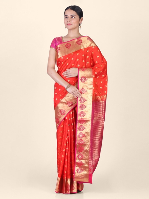 

Hastakala Orange & Gold-Toned Silk Blend Woven Design Kanjeevaram Saree