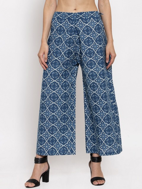 

TAG 7 Women Navy Blue Printed Wide Leg Palazzos