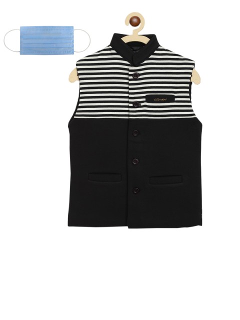 

Lil Tomatoes Boys Black & White Striped Nehru Jacket With Face Mask