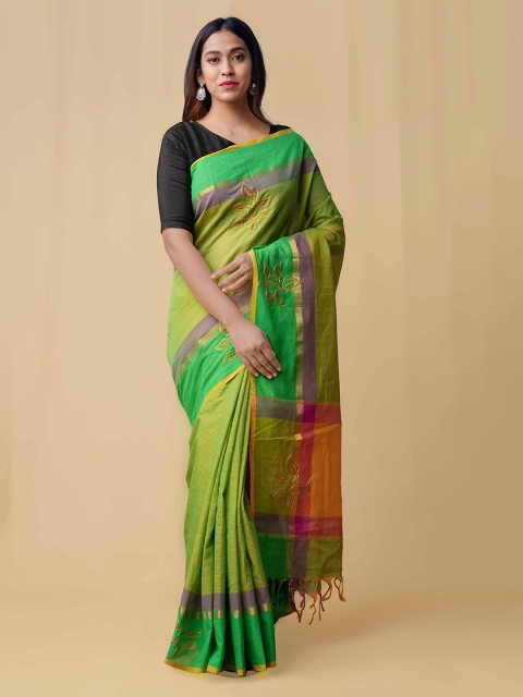 

Unnati Silks Green & Orange Pure Cotton Embroidered Mangalagiri Handloom Saree