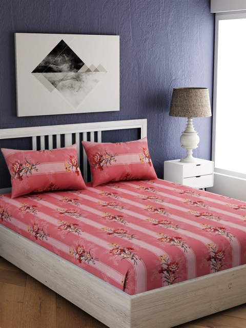 

EverHOME Peach-Coloured Floral 210 TC Cotton 1 Queen Bedsheet with 2 Pillow Covers