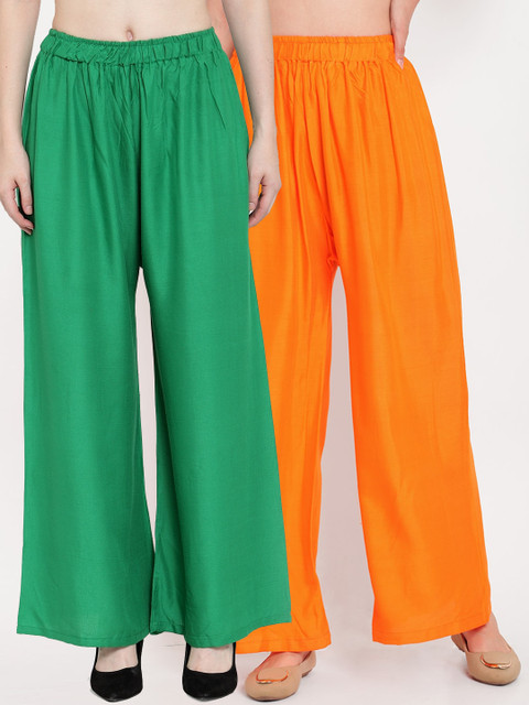 

TAG 7 Women Green & Orange Solid Wide Leg Palazzos