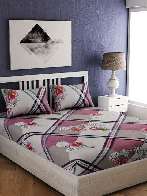 

EverHOME Pink & Grey Floral 144 TC Cotton 1 King Bedsheet with 2 Pillow Covers