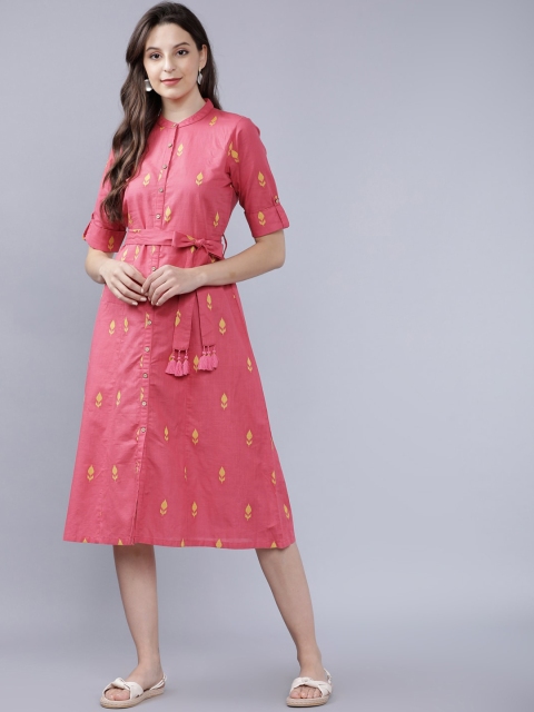 

Vishudh Women Pink & Yellow Printed Fit and Flare Dress