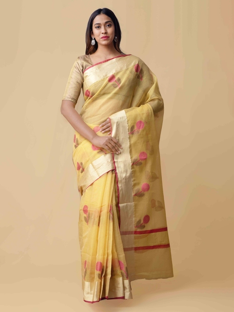 

Unnati Silks Yellow & Gold-Toned Silk Cotton Woven Design Kota Saree