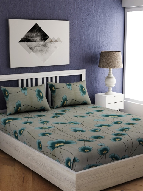 

EverHOME Grey & Green Floral 210 TC Cotton 1 King Bedsheet with 2 Pillow Covers