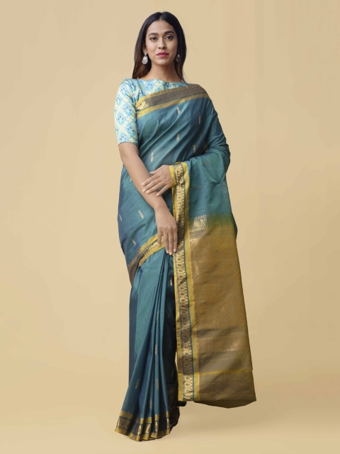 

Unnati Silks Green & Gold-Toned Silk Cotton Woven Design Gadwal Saree
