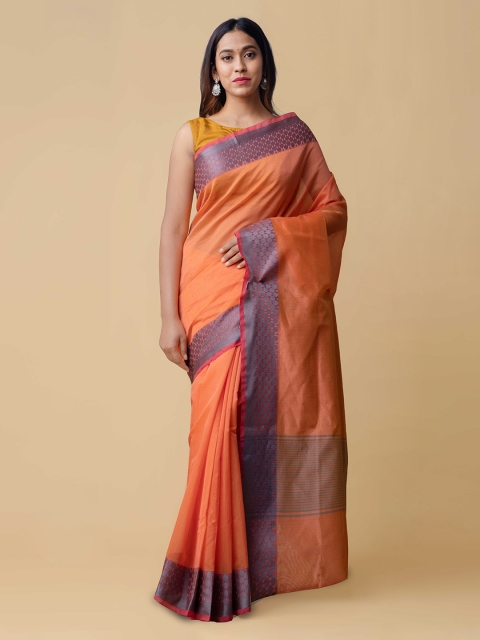 

Unnati Silks Orange & Blue Silk Cotton Solid Kanjeevaram Handloom Saree