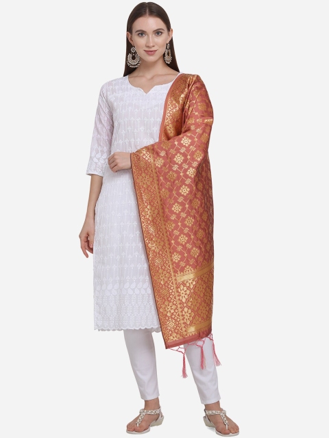 

SHEEYA Peach-Coloured & Gold-Coloured Woven Design Silk Dupatta
