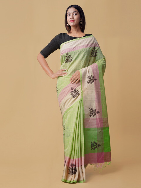 

Unnati Silks Green & Pink Pure Cotton Embroidered Mangalagiri Saree