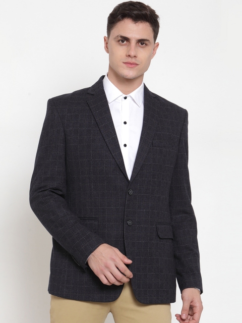 

MAXENCE Men Charcoal Grey Checked Slim-Fit Single-Breasted Formal Blazer