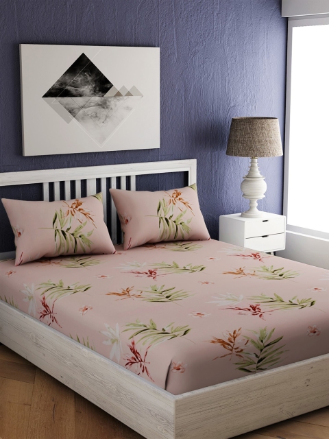 EverHOME Pink Floral 210 TC Cotton 1 Queen Bedsheet with 2 Pillow Covers