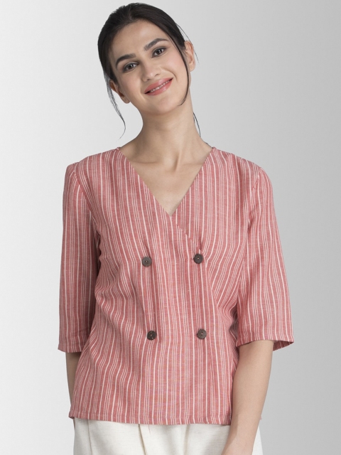 

FableStreet Women Red Striped Pure Cotton Top