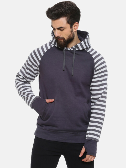 

Campus Sutra Men Charcoal Grey Striped Hooded Sweatshirt