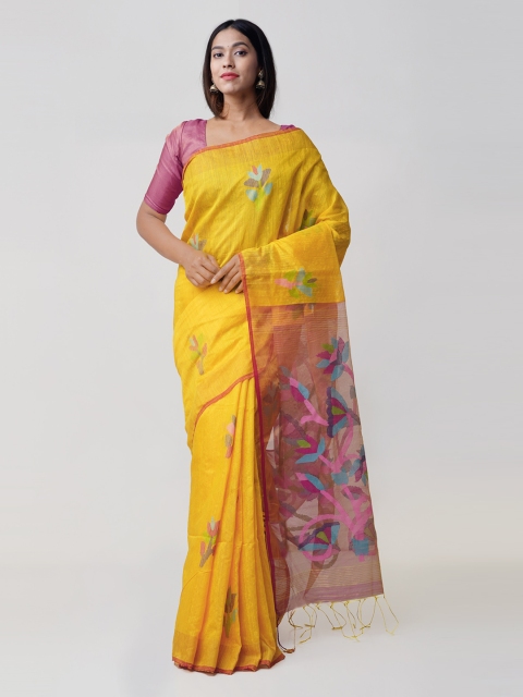 

Unnati Silks Yellow & Pink Silk Cotton Woven Design Jamdani Saree