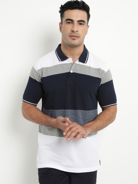

COBB Men White & Navy Blue Striped Polo Collar T-shirt