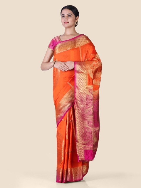 

CLAI WORLD Orange & Pink Silk Blend Checked Mysore Silk Saree