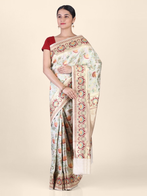 

Hastakala White & Maroon Silk Blend Woven Design Banarasi Saree