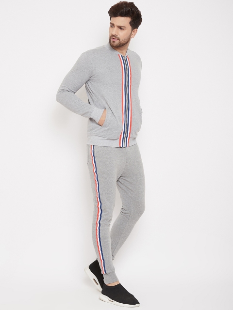 

FUGAZEE Men Grey & Orange Solid Slim-Fit Taped Tracksuit