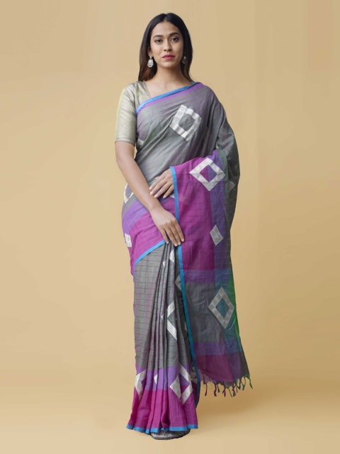 

Unnati Silks Grey & Green Pure Cotton Woven Design Mangalagiri Saree
