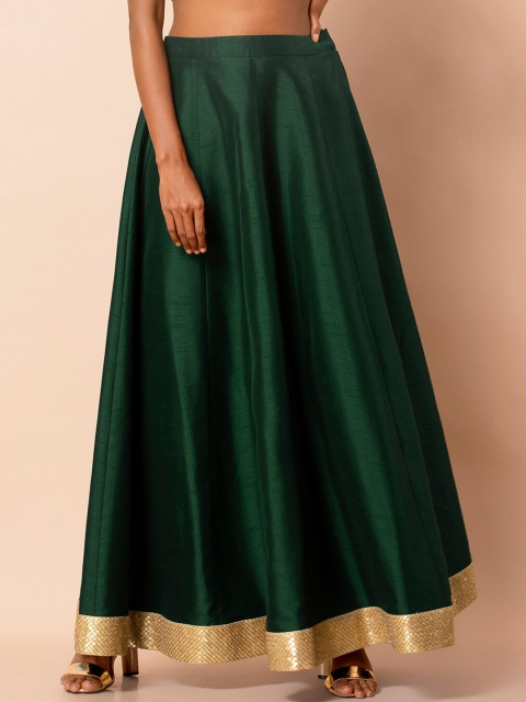 

INDYA Women Green & Gold-Colour Solid Flared Maxi Skirt
