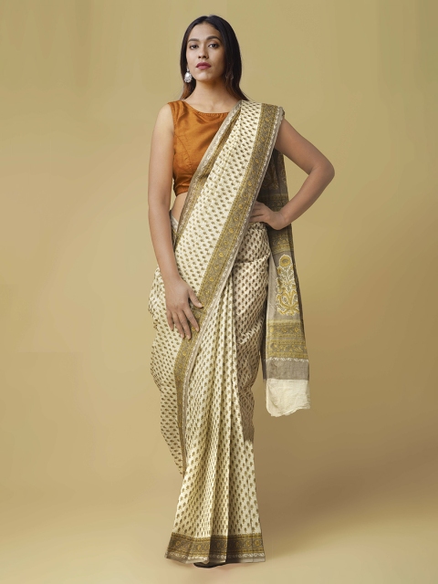 

Unnati Silks Cream-Coloured & Green Pure Cotton Printed Saree