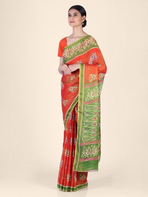 

CLAI WORLD Orange & Green Silk Blend Printed Ikat Handloom Saree