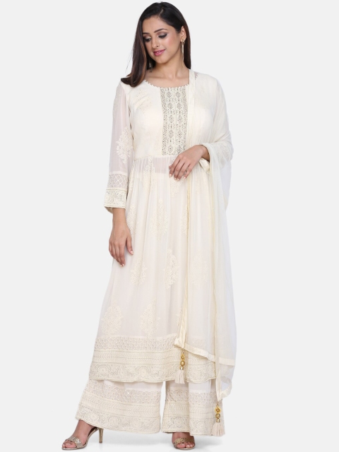 

BOMBAY SELECTIONS Women White Embroidered Kurta with Palazzos & Dupatta