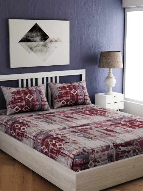 

EverHOME Off-White & Maroon Abstract 210 TC Cotton 1 Queen Bedsheet with 2 Pillow Covers