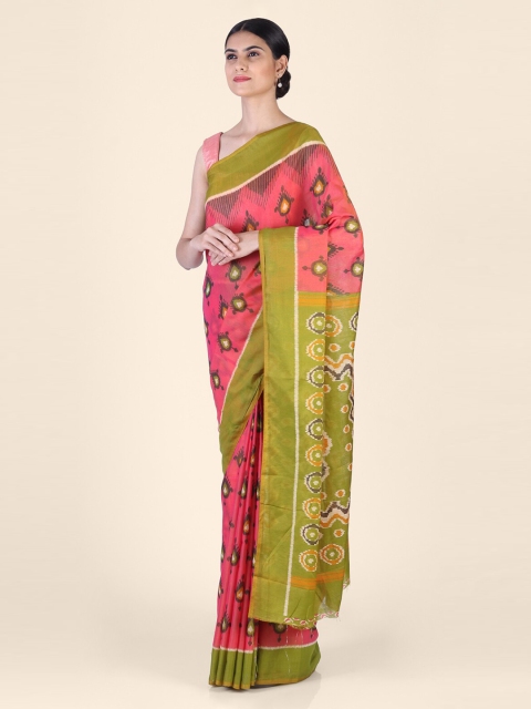 

CLAI WORLD Pink & Green Silk Blend Printed Ikat Saree
