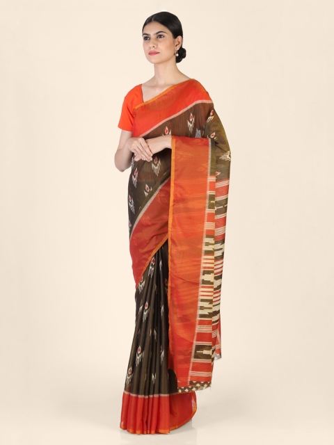 

CLAI WORLD Green & Orange Silk Blend Printed Ikat Saree